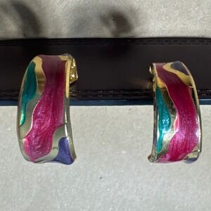 Vintage 80s Enamel Clip On Earrings Gold Tone Red Green Abstract Statement Retro